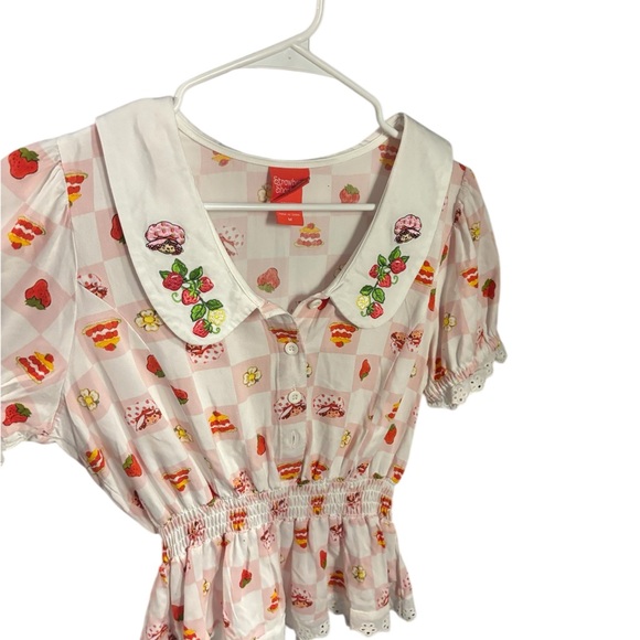 Strawberry Shortcake Tops - Strawberry Shortcake Pink Checkered Embroidered Collar Peplum Top